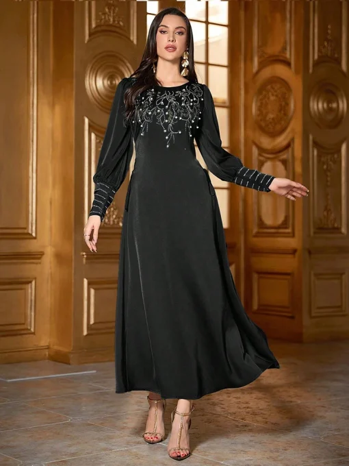 Women's Ankle-Length Slim Black Beaded Lantern Sleeve Dress - Image 3