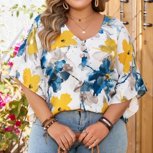 Elegant Plus Size Printed Round Collar Loose Blouse - Image 5