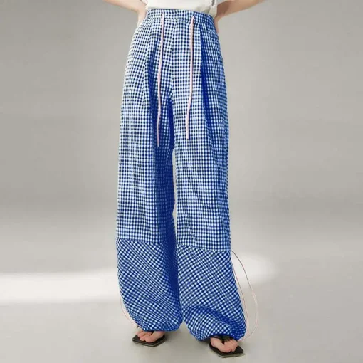 Elegant Plaid Wide Leg Trousers with Drawstring Detail