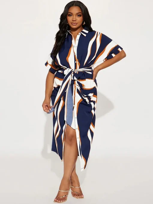 Plus Size Elegant Bohemian Stripe Print Midi Dress