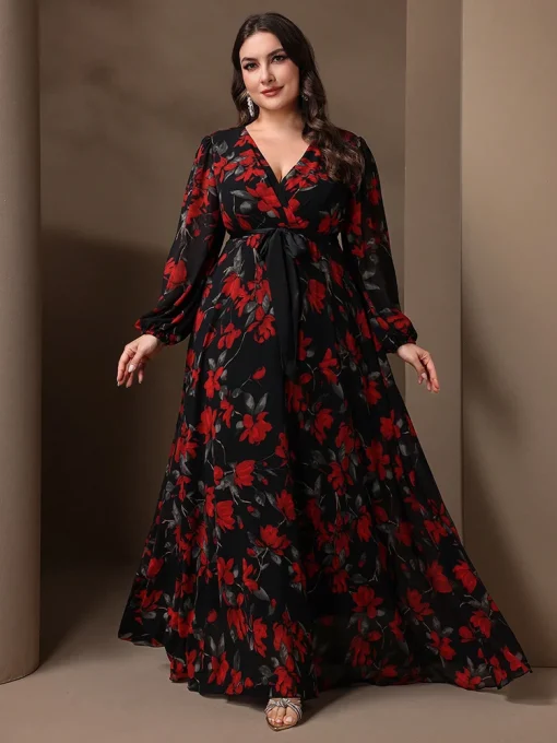 Plus Size Floral Print Lantern Sleeve Maxi Party Dress - Image 5