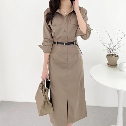 Women Summer Midi Dress Long Sleeve Button Down Sundress