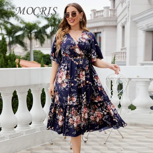 Elegant Plus Size Printed Lace-Up V-Neck Party Dress - Image 4