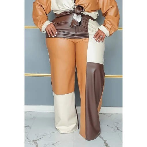 Plus Size Brown Patchwork PU Leather Pant Suit - Image 2