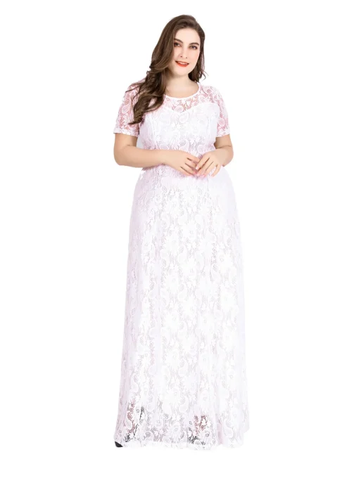 Plus Size Lace Floral Short Sleeve Evening Dress - Image 4