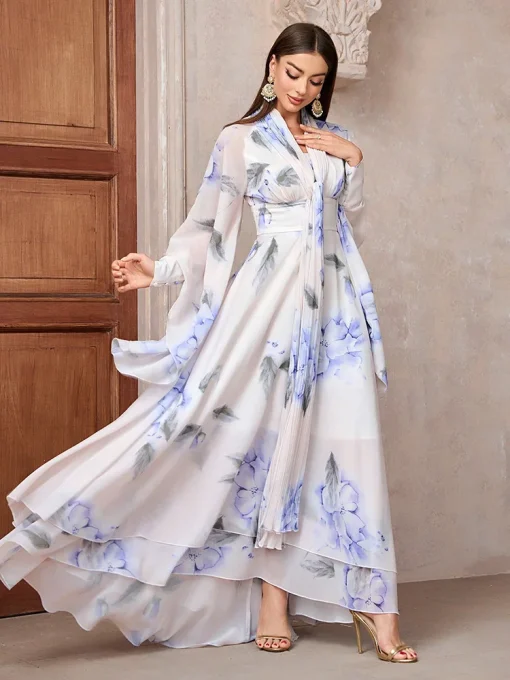 Elegant Floral V-Neck Maxi Dress with Flare Sleeves