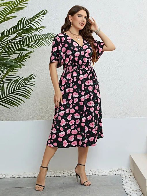 Elegant Plus Size Black Floral Loose Evening Party Dress - Image 2