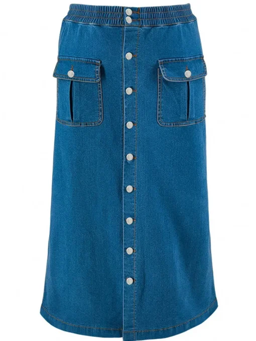 Plus Size High Waist Button A-Line Denim Midi Skirt - Image 5