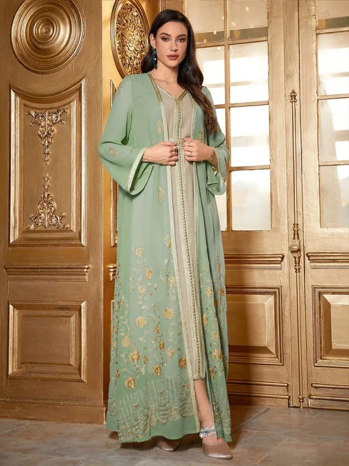 Women’s Floor-Length Chiffon Embroidered Two-Piece Dubai Dress - Image 3