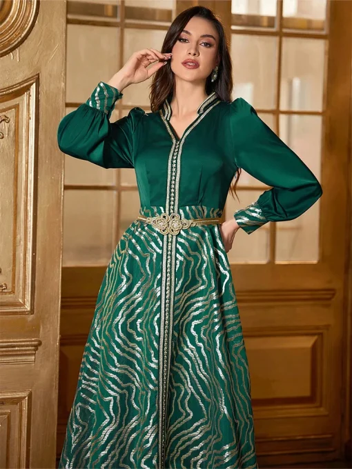 Women’s Floor-Length Retro Ethnic Dark Green Lantern Sleeve Dress - Image 6