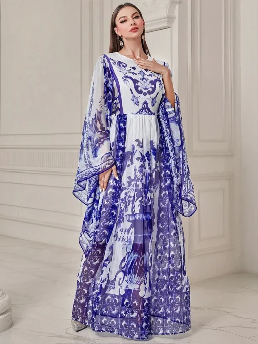 Women’s Floor-Length Chiffon Muslim Print Ethnic Dress - Image 5