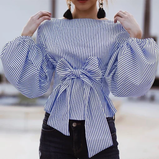 Plus Size Long Sleeve Striped Blouse for Women - Image 5