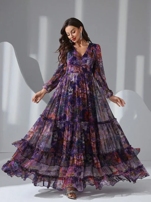 Casual Elegant Boho Floral Print Long Sleeve Maxi Dress