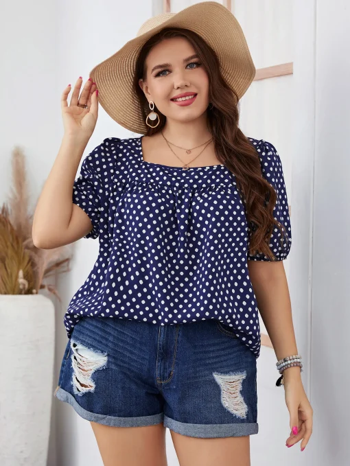 Plus Size Women's Plaid Polka Dot Round Neck Blouse - Image 2