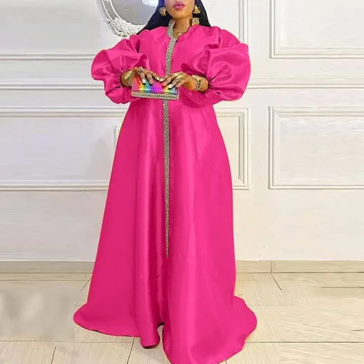 Elegant Satin Long Dress with Lantern Sleeves