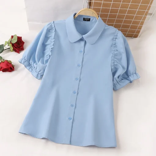 Elegant Solid Color Puff Sleeve Summer Tunic Tops