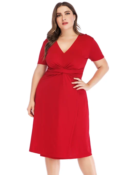 Plus Size V-Neck High Waist Casual Midi Dress