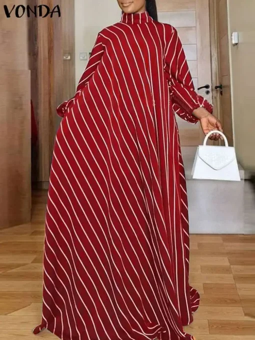 Women's Striped Bohemian High Neck Maxi Dress - Image 2