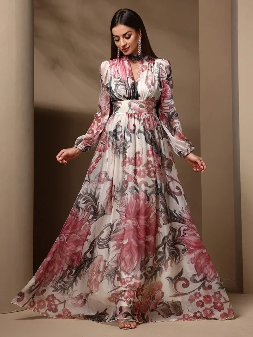 Floral Print Cut-Out Long Sleeve High Waist Summer Maxi Dress