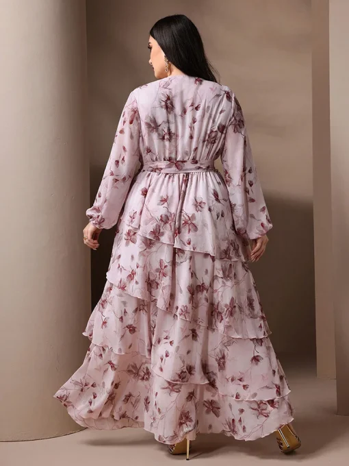 Plus Size V-Neck Floral Print Belted Maxi Dress - Image 2