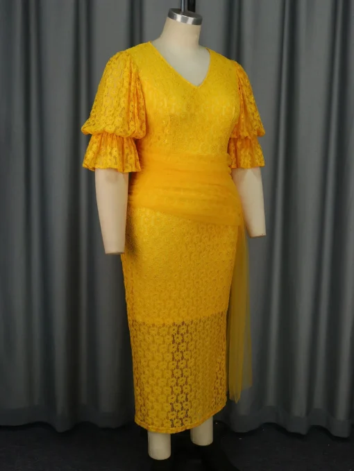 Elegant Yellow Lace Bodycon Dress with Bubble Sleeves - Image 5