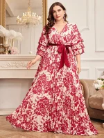 Plus Size Floral Print Pleated Hem Belted Evening Dress