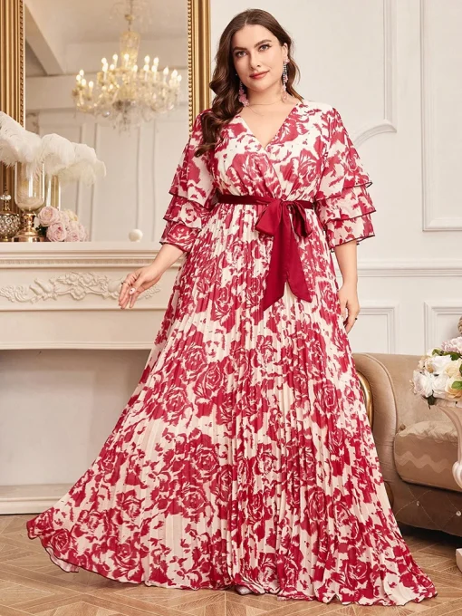 Plus Size Floral Print Pleated Hem Belted Evening Dress