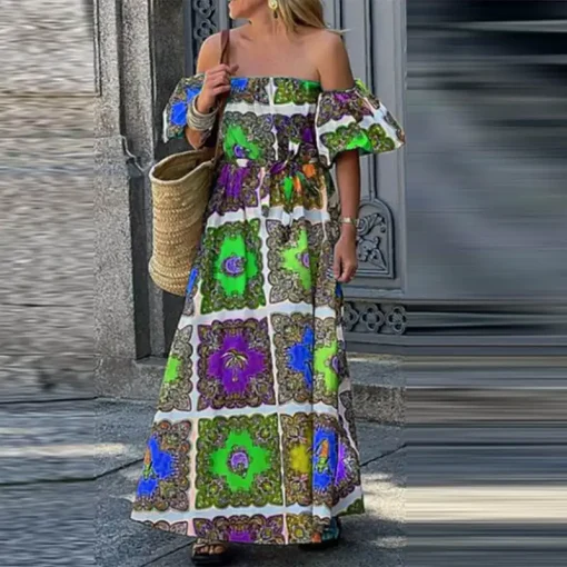 Women Sexy Off Shoulder Bohemian Maxi Beach Sundress - Image 5