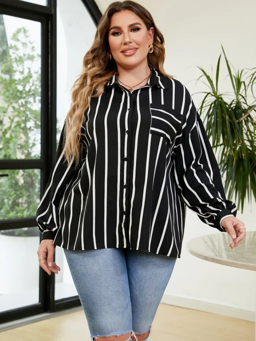 Elegant Plus Size Stripe Lapel Loose Blouse for Women - Image 5