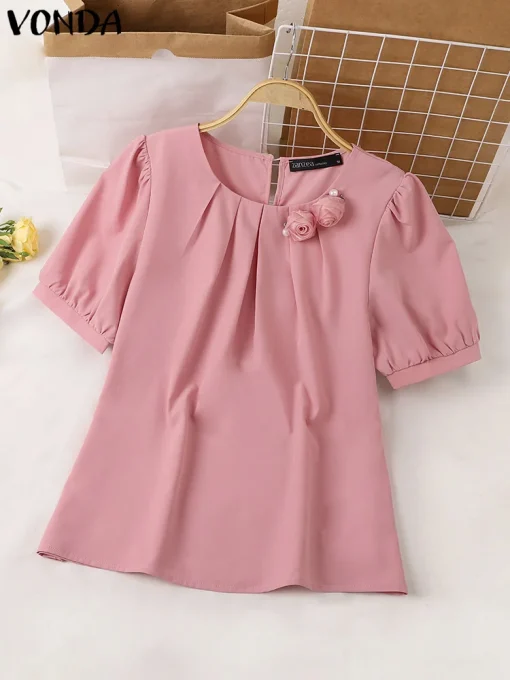 Women’s Elegant Short Puff Sleeve Floral Blouse - Image 2