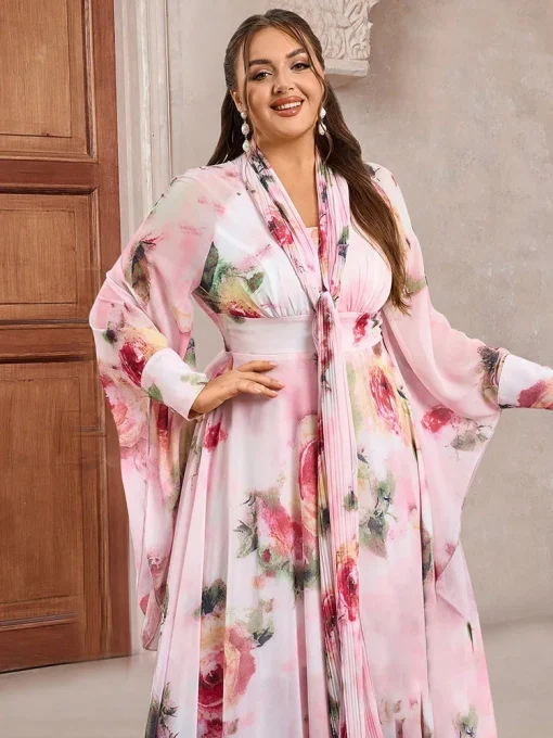 Plus Size Floral Print Long Sleeve Maxi Party Dress - Image 3