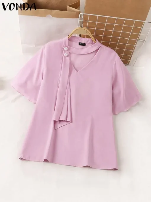 Elegant Satin Blouse with Tie Short Sleeves - Image 2