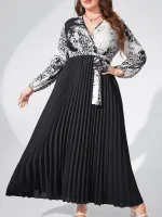 Retro V-Neck Long Sleeve Printed High Waist Casual Dress