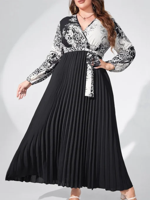 Retro V-Neck Long Sleeve Printed High Waist Casual Dress