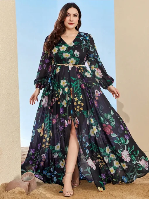 Plus-Size Women Maxi Print Chiffon A-Line Bridesmaid Dress - Image 5