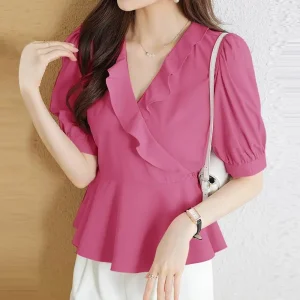 Women’s V-Neck Ruffled Short Sleeve Office Blouse