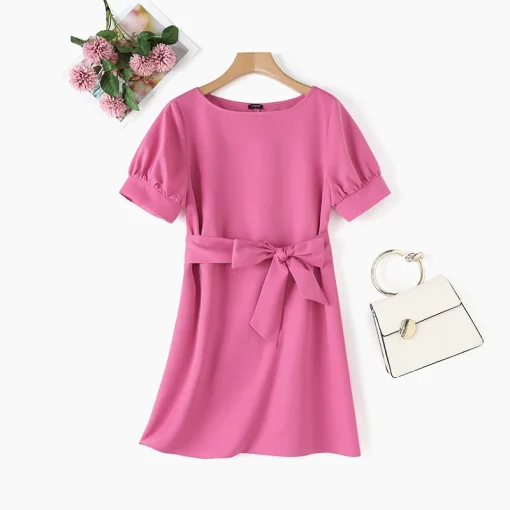 Women's Elegant Puff Sleeve Belted Mini Summer Dress