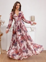 Women's Floral Print Petal Sleeve Wrap Neck Maxi Dress