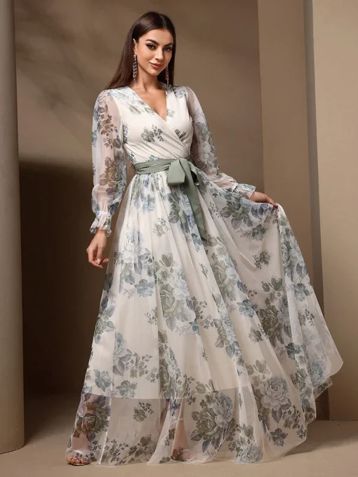 Floral Print Flare Sleeve Belted Lace Mesh Maxi Dress