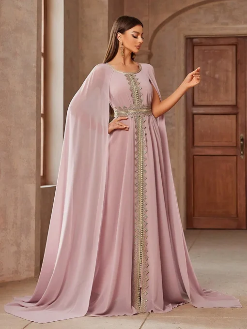 Luxury Embroidery Arabian Muslim Dress with Lace Cape Sleeves - Image 2