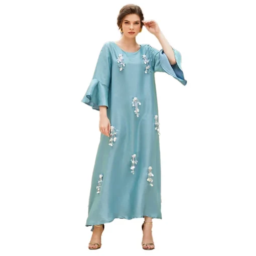 Beaded Floor-Length Dress with Trumpet Sleeves and Crew Neck - Image 7