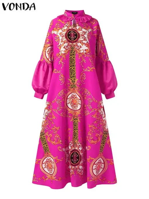 Women’s Elegant Bohemian Printed Pleated Maxi Dress - Image 2