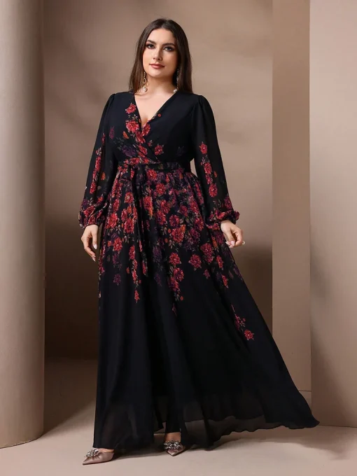 Elegant Plus Size Floral Print V-Neck Long Sleeve Maxi Dress