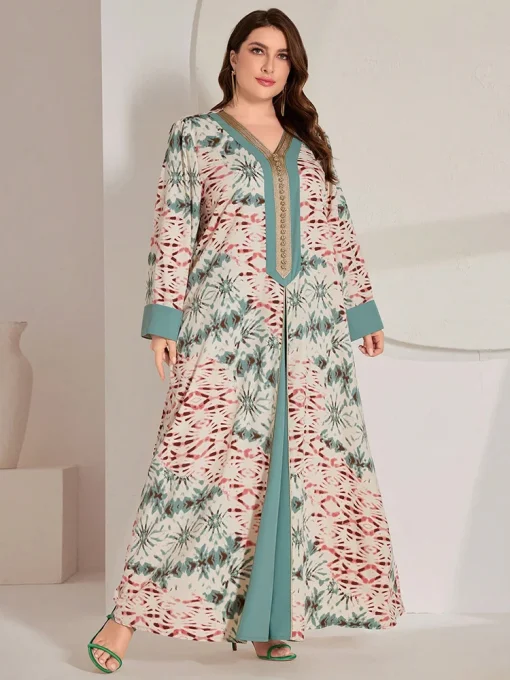 Plus Size A-Line Abaya Tie-Dye Patchwork Long Dress - Image 3