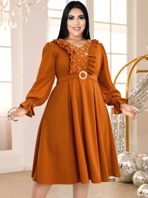 Classic A-Line Pleated Dress with Beading and Ruffles