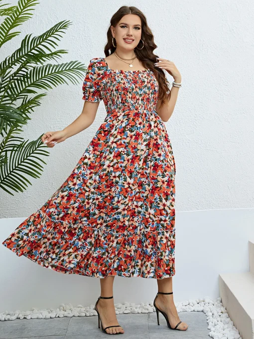 Elegant Plus Size Floral Long Sleeve Evening Party Dress - Image 3