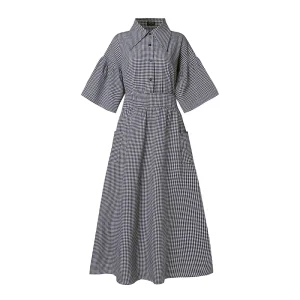 Elegant Plaid Maxi Dress with Half Flare Sleeves