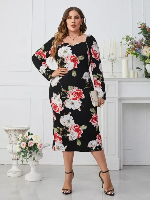 Elegant Plus Size Floral Party Dress with Long Sleeves - Image 4