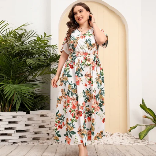 Elegant Plus Size Floral Long Dress for Evening Party - Image 2