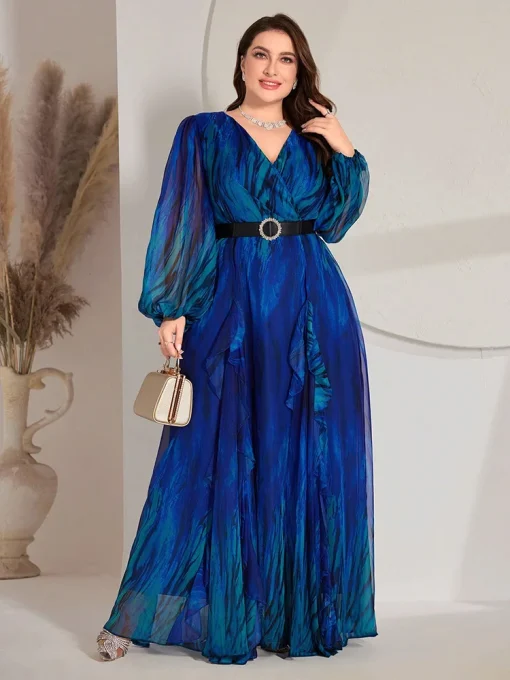 Luxury Elegant Plus Size V-Neck Ombre Lantern Sleeve Maxi Dress - Image 2